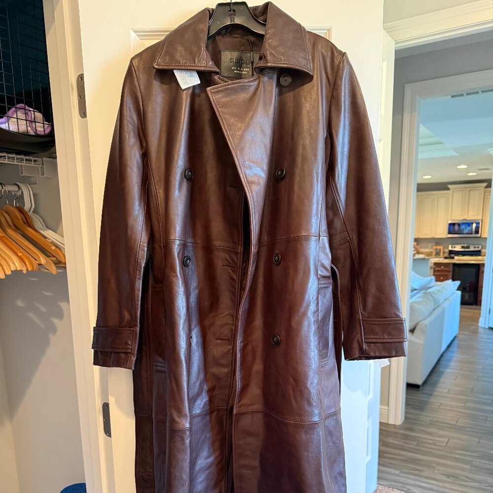 REISS Hattie Leather Double-Breasted Trench Coat in Chocolate Size 4